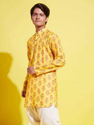 Vastramay yuva boys' multicolor-base-mustard and cream kurta 2