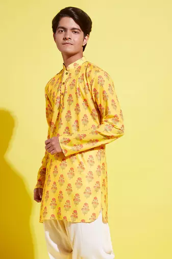 Vastramay yuva boys' multicolor-base-mustard and cream kurta