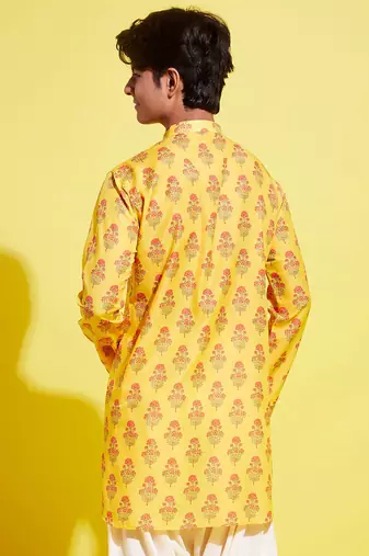 Vastramay yuva boys' multicolor-base-mustard and cream kurta