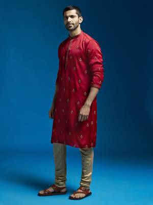  men's maroon silk blend kurta and pyjama set 3