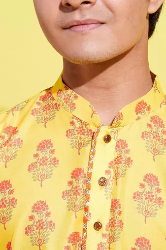 Vastramay yuva boys' multicolor-base-mustard and cream kurta