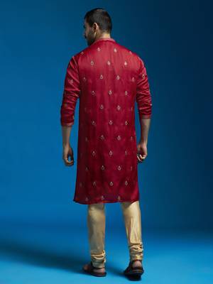  men's maroon silk blend kurta and pyjama set 4