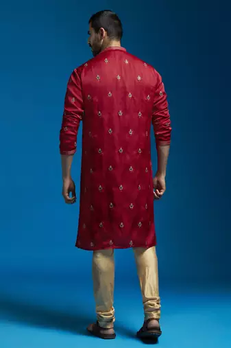  men's maroon silk blend kurta and pyjama set