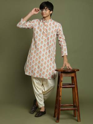 Vastramay yuva boys' multicolor-base-beige and cream kurta 1