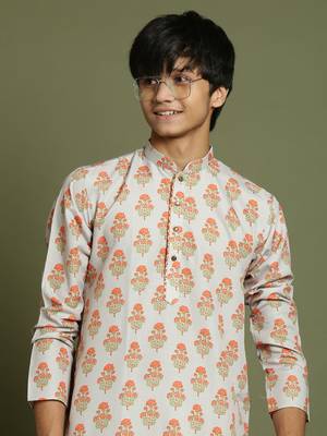 Vastramay yuva boys' multicolor-base-beige and cream kurta 4