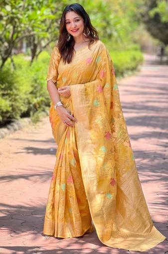 Women organza weaving meenakari jaal designer mustard color saree