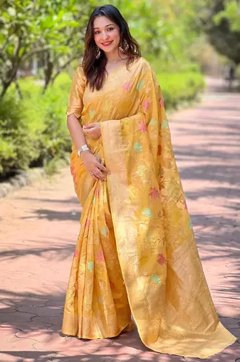 Women organza weaving meenakari jaal designer mustard color saree