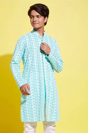 Vastramay yuva boys' green and white kurta pyjama set