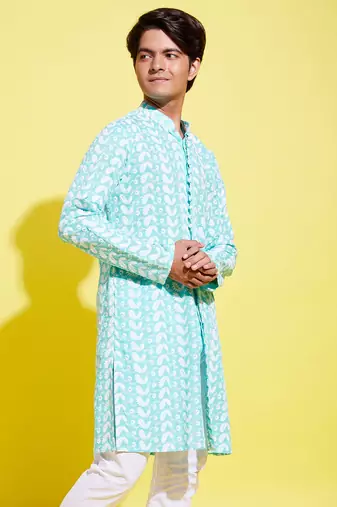 Vastramay yuva boys' green and white kurta pyjama set
