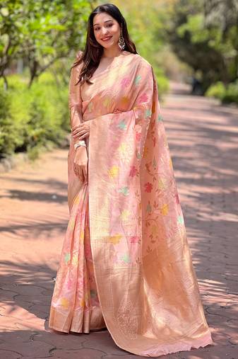 Women organza weaving meenakari jaal designer pink color saree