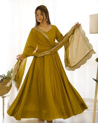 Olive Colour Party wear Pure Roman Silk Fully  Gown Set 1