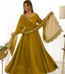 Olive Party wear Pure Roman Silk Fully Gown Set