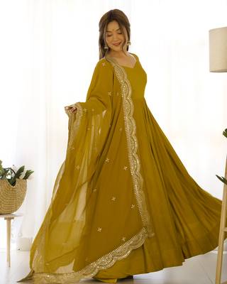 Olive Colour Party wear Pure Roman Silk Fully  Gown Set 2