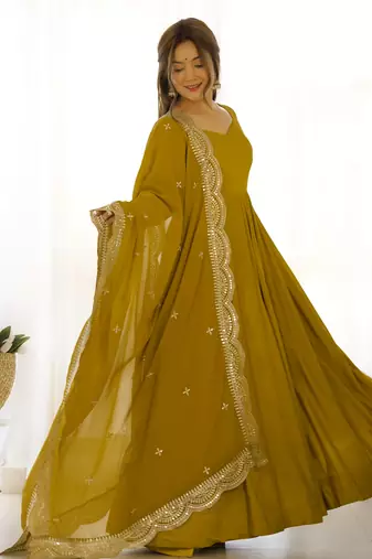 Olive Party wear Pure Roman Silk Fully Gown Set