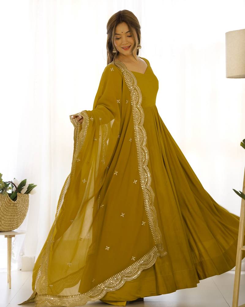 Olive Colour Party Wear Pure Roman Silk Fully Stitched Gown Set