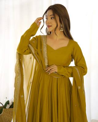 Olive Colour Party wear Pure Roman Silk Fully  Gown Set 3