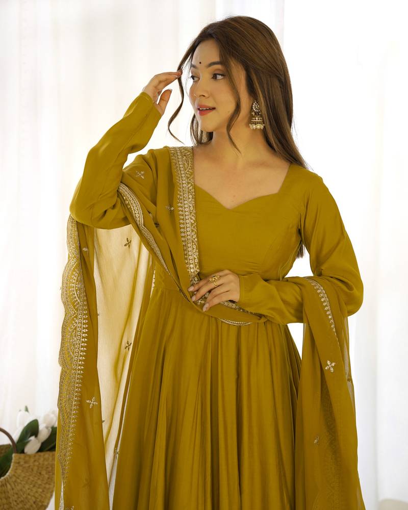 Olive Colour Party Wear Pure Roman Silk Fully Stitched Gown Set