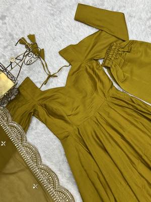 Olive Colour Party wear Pure Roman Silk Fully  Gown Set 4