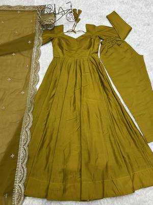 Olive Colour Party wear Pure Roman Silk Fully  Gown Set 5