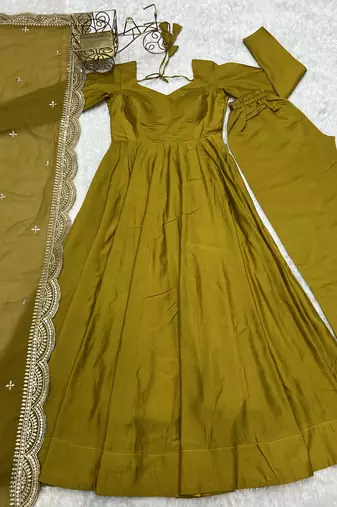Olive Party wear Pure Roman Silk Fully Gown Set