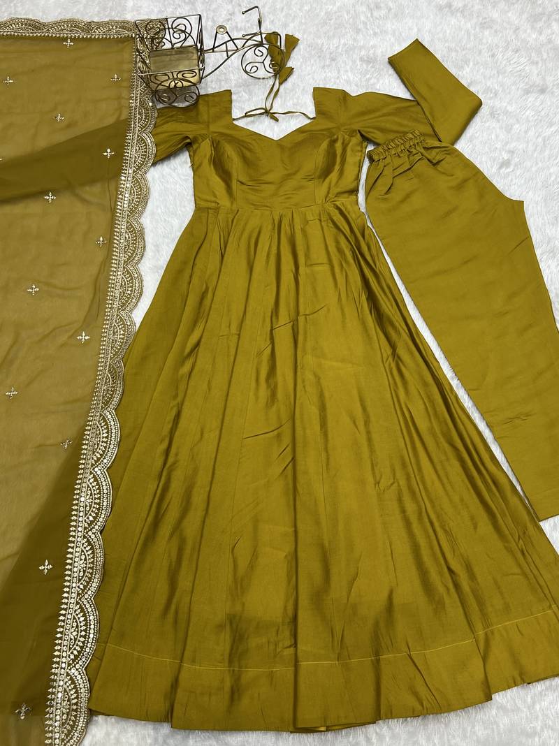 Olive Colour Party Wear Pure Roman Silk Fully Stitched Gown Set