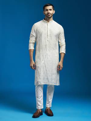 men's cream silk blend kurta and pyjama set 1