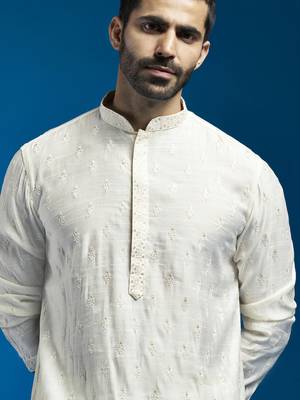 men's cream silk blend kurta and pyjama set 2
