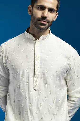 men's cream silk blend kurta and pyjama set