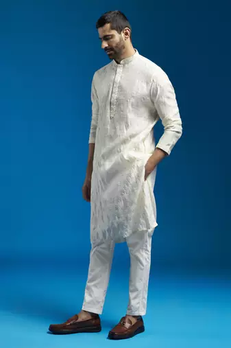men's cream silk blend kurta and pyjama set
