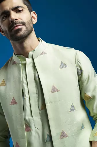 Vastramay men's mint green silk blend jacket,kurta and pyjama set.