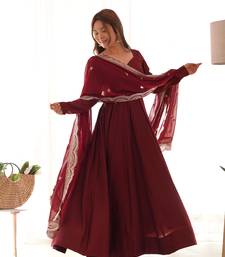 Maroon Colour Party wear Pure Roman Silk Fully Gown Set