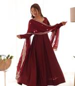 Maroon Colour Party Wear Pure Roman Silk Fully Stitched Gown Set