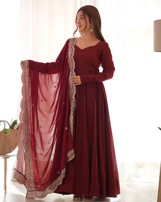 Maroon Colour Party wear Pure Roman Silk Fully  Gown Set 3