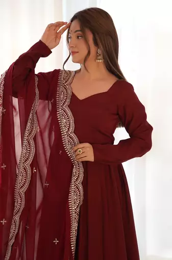 Maroon Colour Party wear Pure Roman Silk Fully Gown Set