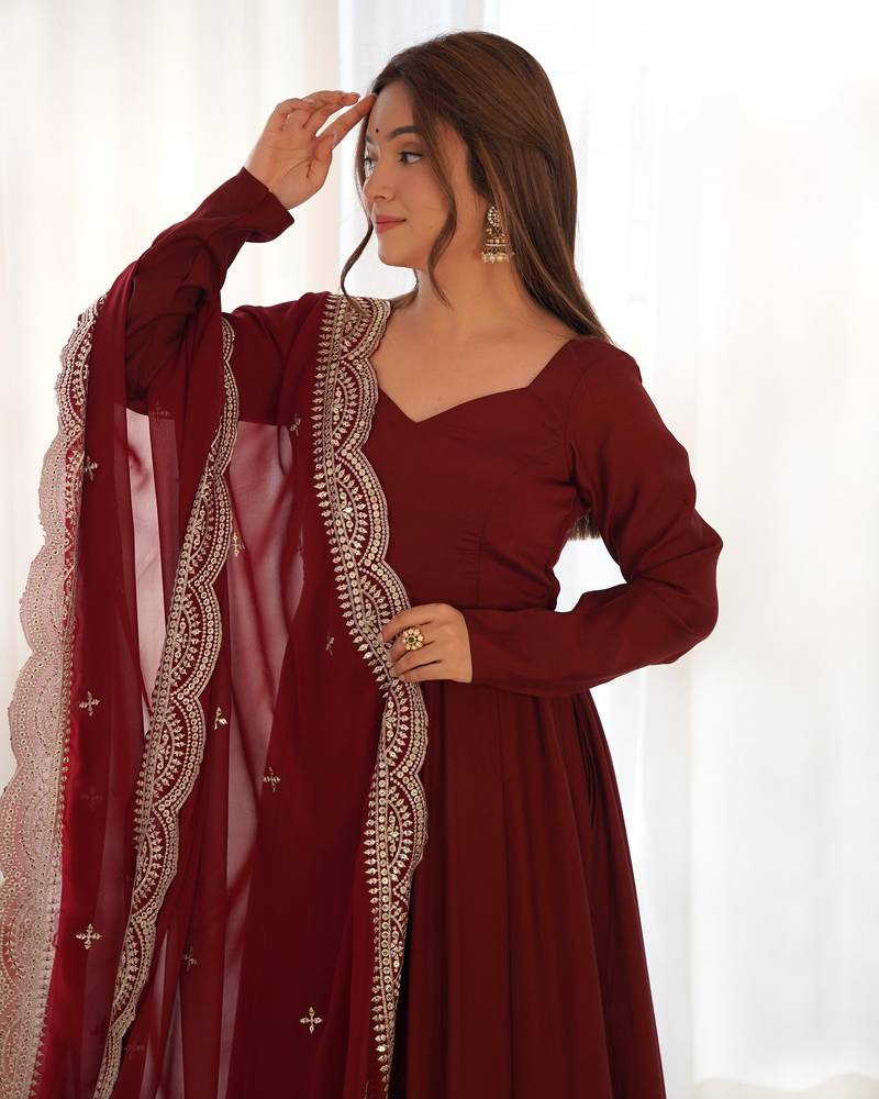 Maroon Colour Party Wear Pure Roman Silk Fully Stitched Gown Set