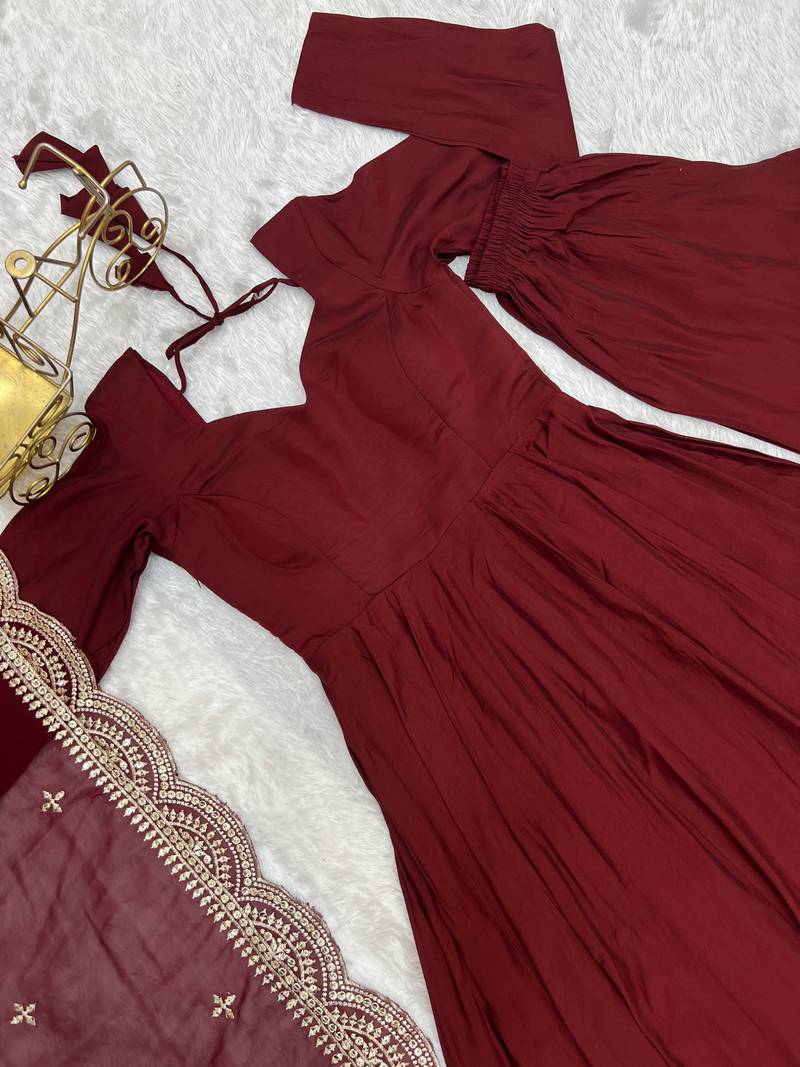 Maroon Colour Party Wear Pure Roman Silk Fully Stitched Gown Set