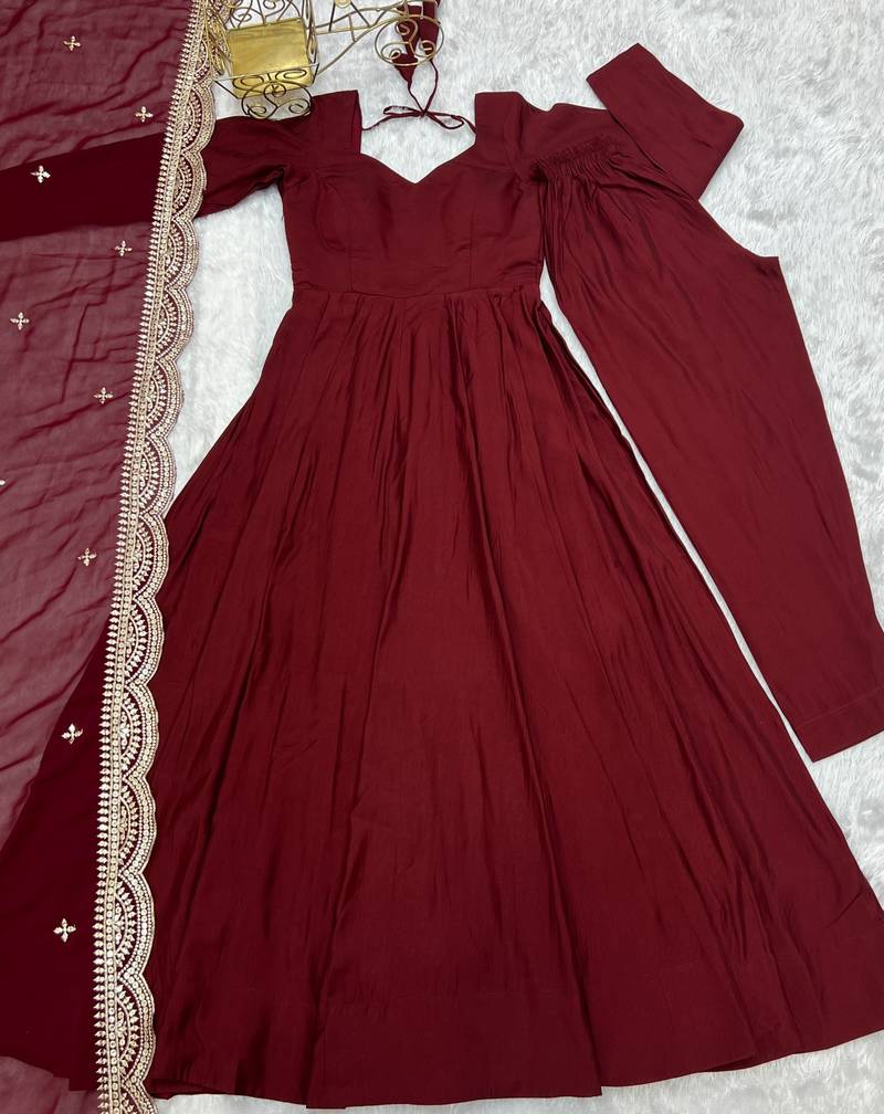 Maroon Colour Party Wear Pure Roman Silk Fully Stitched Gown Set