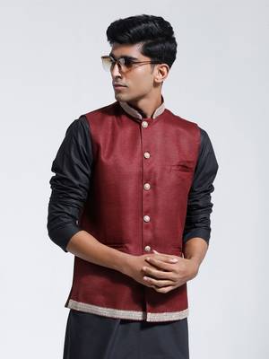  maroon jute nehru jacket 1