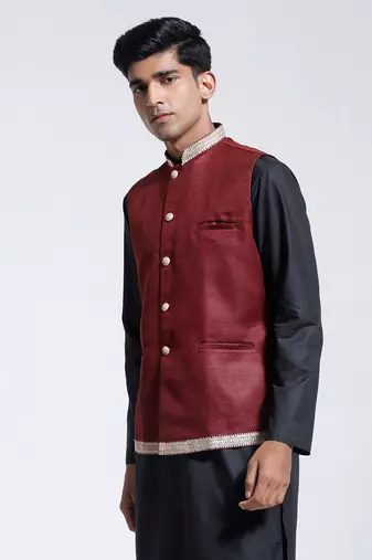  maroon jute nehru jacket