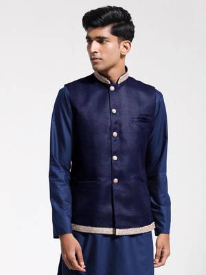  men's navy blue jute nehru jacket 1