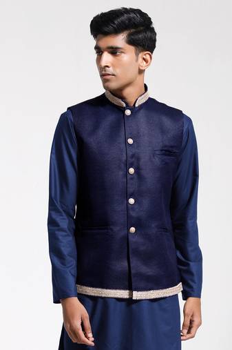  men's navy blue jute nehru jacket