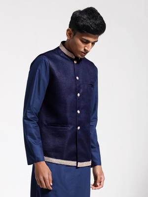  men's navy blue jute nehru jacket 2