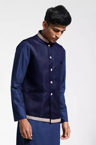  men's navy blue jute nehru jacket