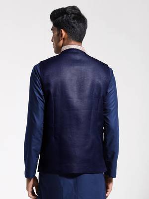  men's navy blue jute nehru jacket 3
