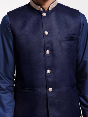  men's navy blue jute nehru jacket 4