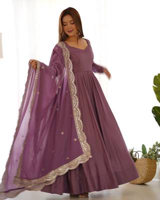Mauve Colour Party wear Pure Roman Silk Fully  Gown Set 1