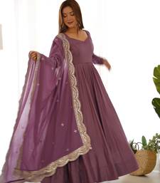 Mauve Colour Party wear Pure Roman Silk Fully Gown Set