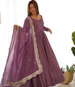 Mauve Colour Party Wear Pure Roman Silk Fully Stitched Gown Set