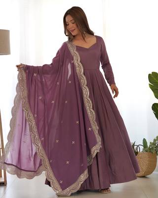 Mauve Colour Party wear Pure Roman Silk Fully  Gown Set 3
