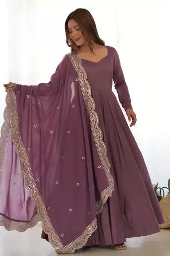 Mauve Colour Party wear Pure Roman Silk Fully Gown Set